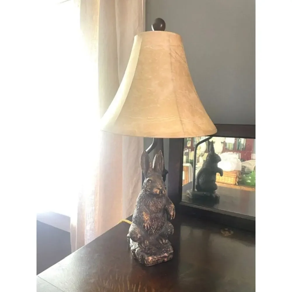 Vintage Bronze Tone Rabbit Table Lamp Woodland Cottagecore Nursery Decor Light